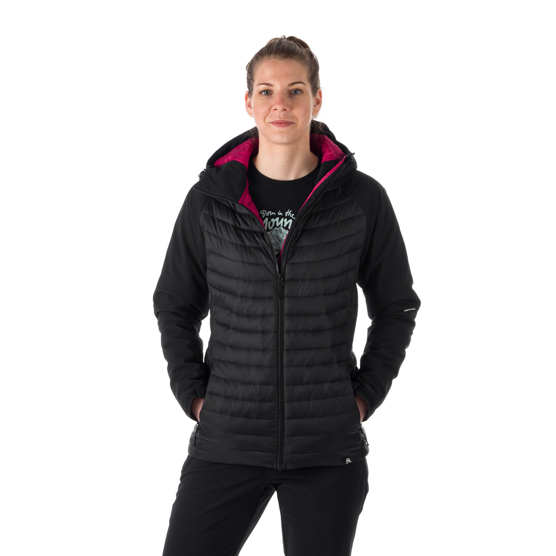 BU-6030OR women's outdoor hybrid like down jacket with softshell hood and sleeves ALISHA