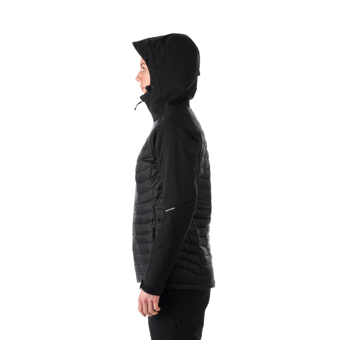 BU-6030OR women's outdoor hybrid like down jacket with softshell hood and sleeves ALISHA