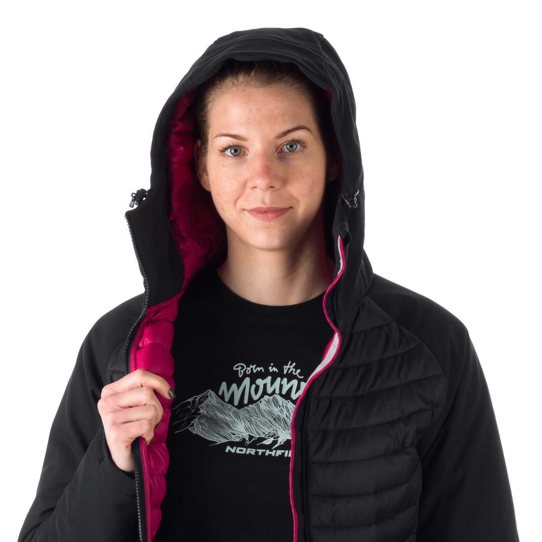 BU-6030OR women's outdoor hybrid like down jacket with softshell hood and sleeves ALISHA