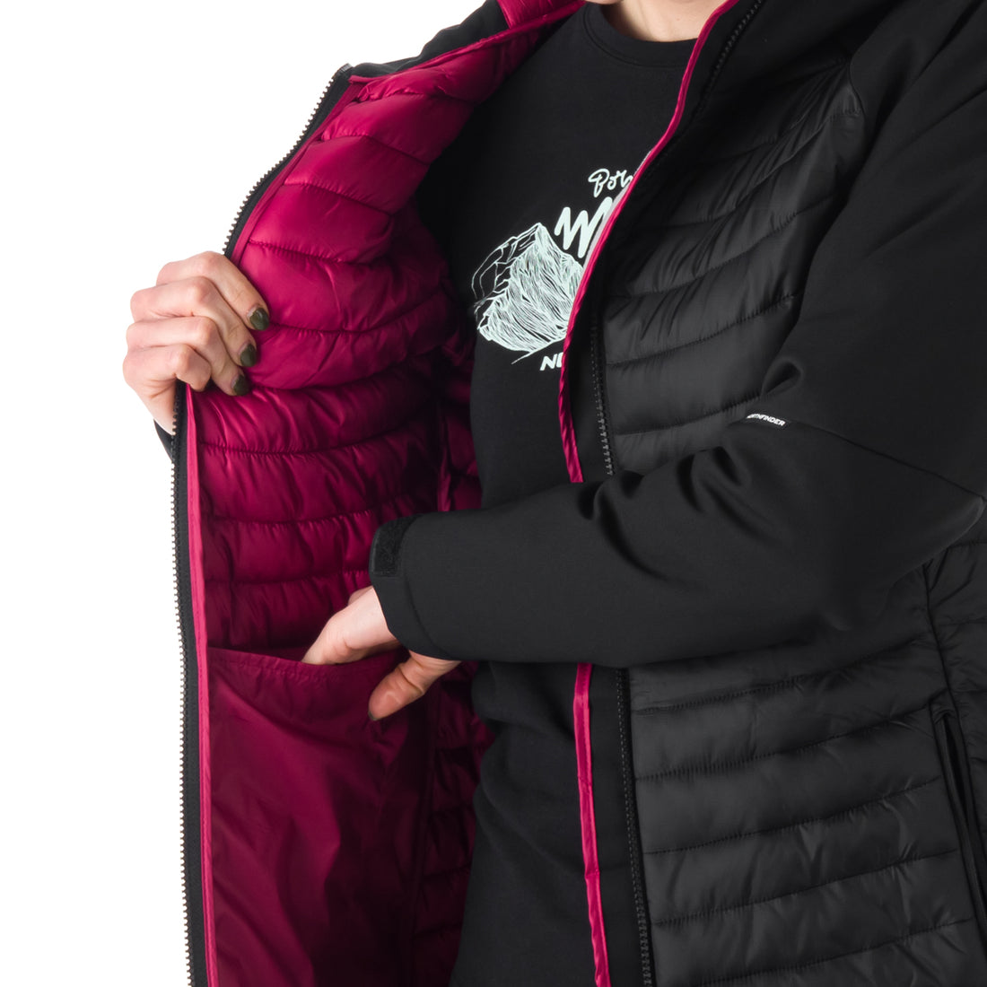 BU-6030OR women's outdoor hybrid like down jacket with softshell hood and sleeves ALISHA