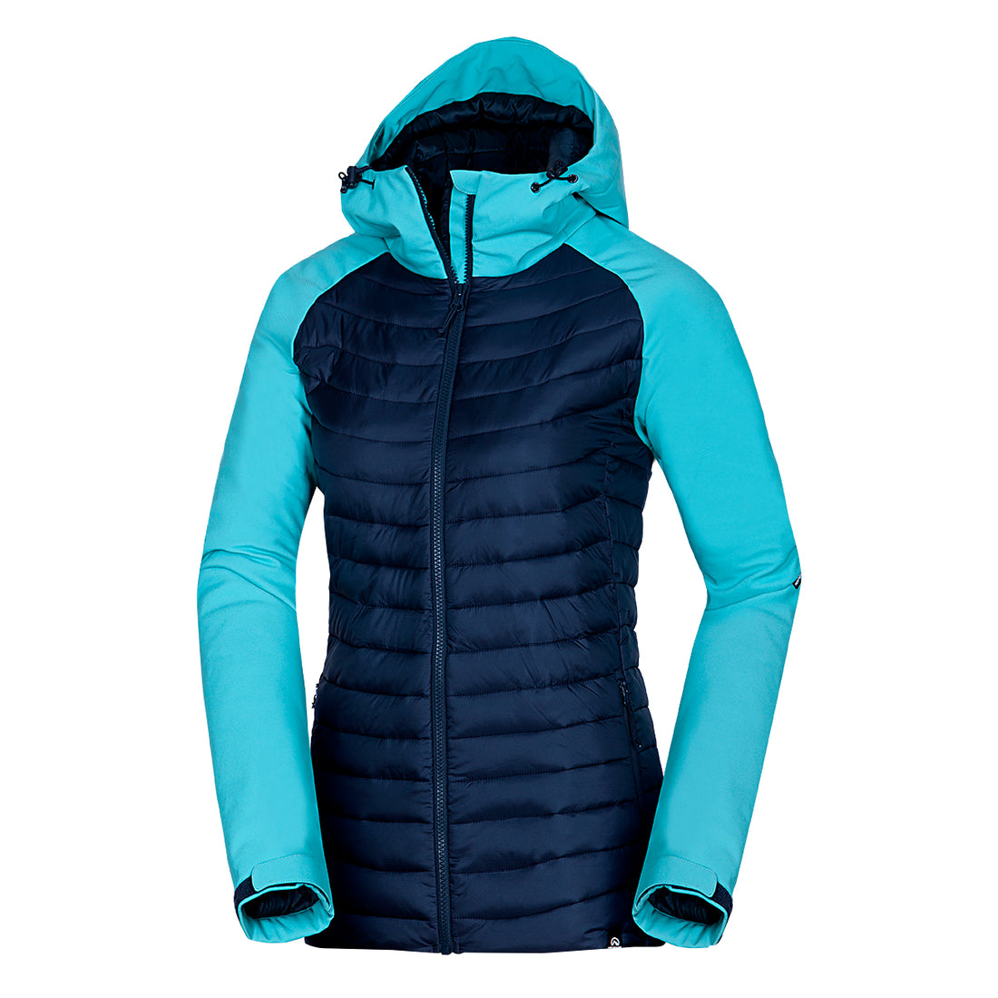 BU-6030OR women's outdoor hybrid like down jacket with softshell hood and sleeves ALISHA