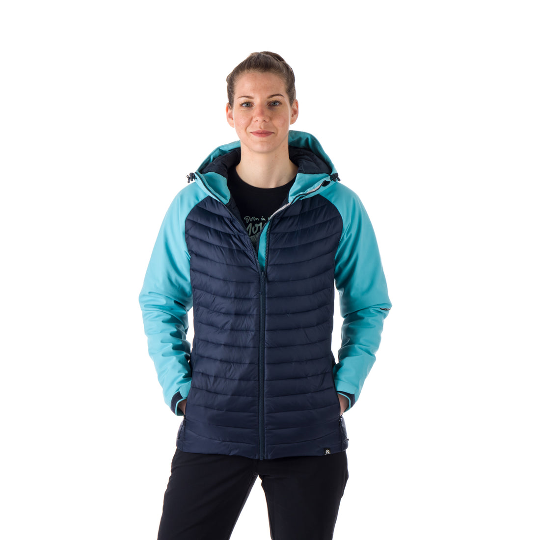 BU-6030OR women's outdoor hybrid like down jacket with softshell hood and sleeves ALISHA