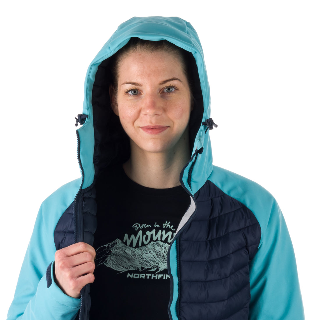 BU-6030OR women's outdoor hybrid like down jacket with softshell hood and sleeves ALISHA