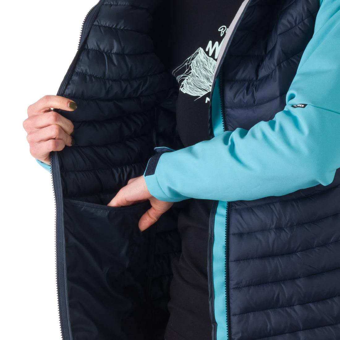 BU-6030OR women's outdoor hybrid like down jacket with softshell hood and sleeves ALISHA