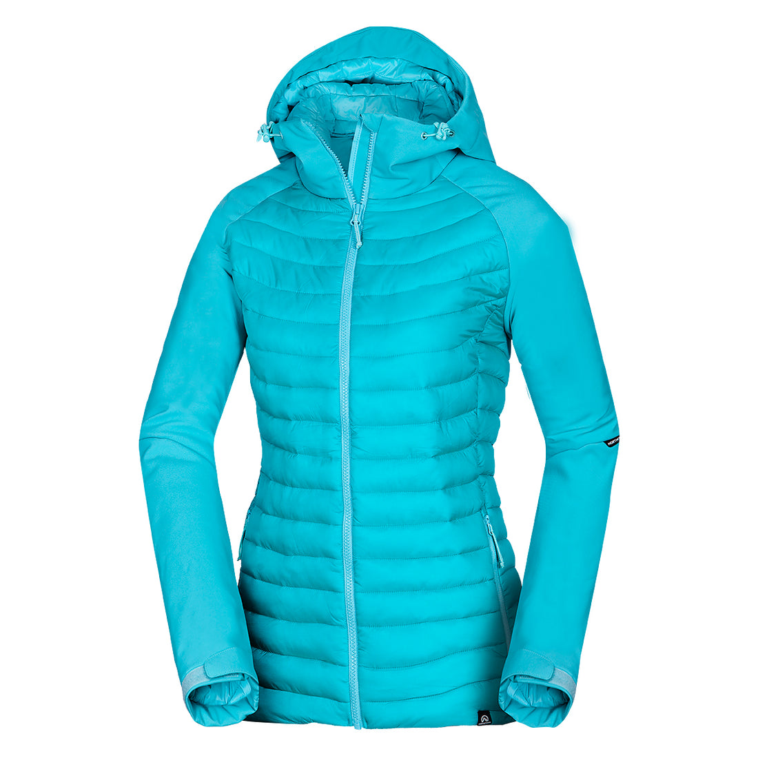 BU-6030OR women's outdoor hybrid like down jacket with softshell hood and sleeves ALISHA