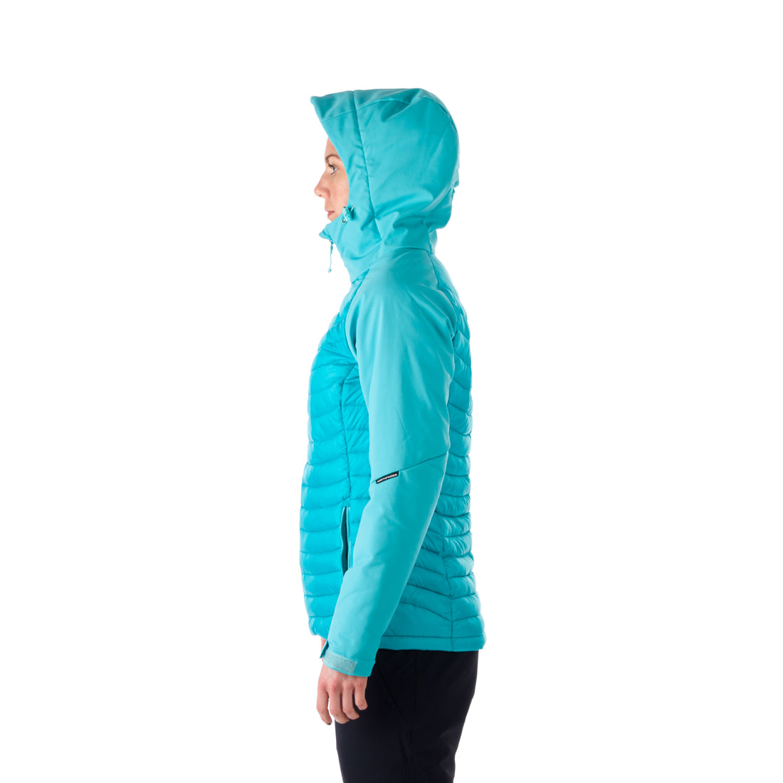 BU-6030OR women's outdoor hybrid like down jacket with softshell hood and sleeves ALISHA