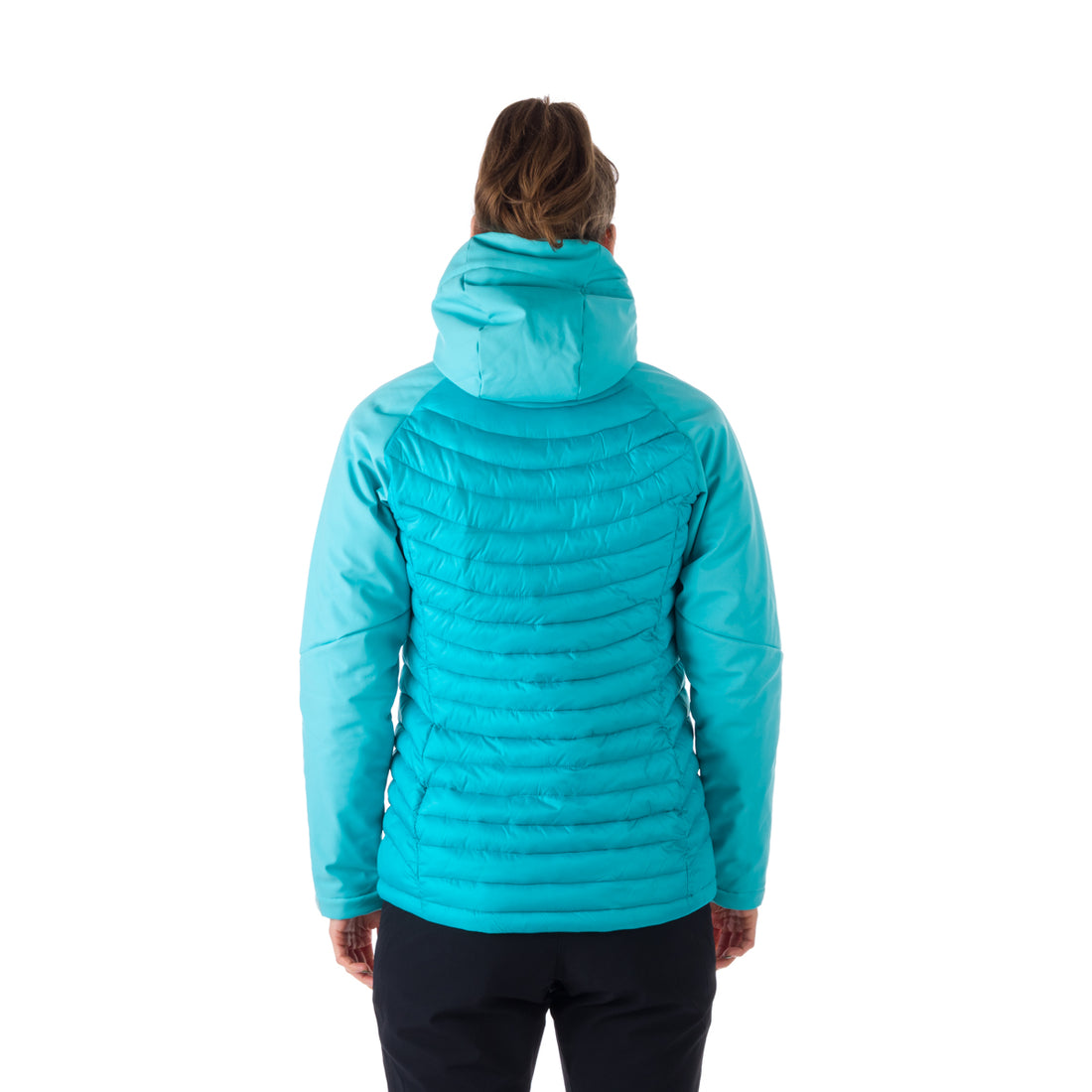 BU-6030OR women's outdoor hybrid like down jacket with softshell hood and sleeves ALISHA