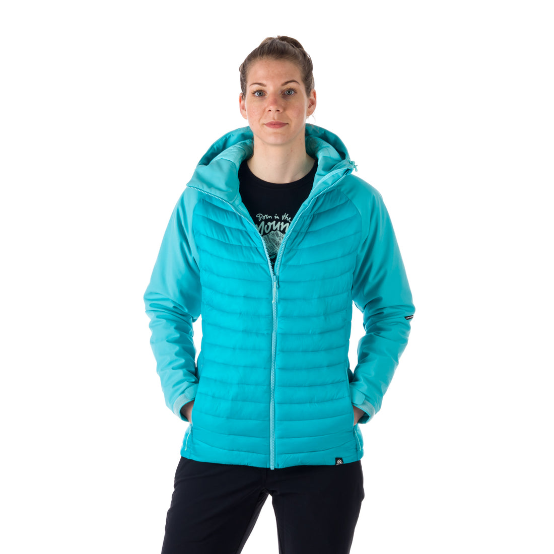 BU-6030OR women's outdoor hybrid like down jacket with softshell hood and sleeves ALISHA
