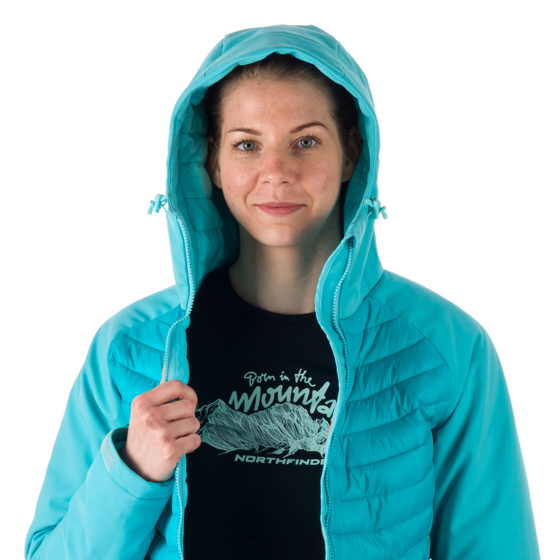 BU-6030OR women's outdoor hybrid like down jacket with softshell hood and sleeves ALISHA