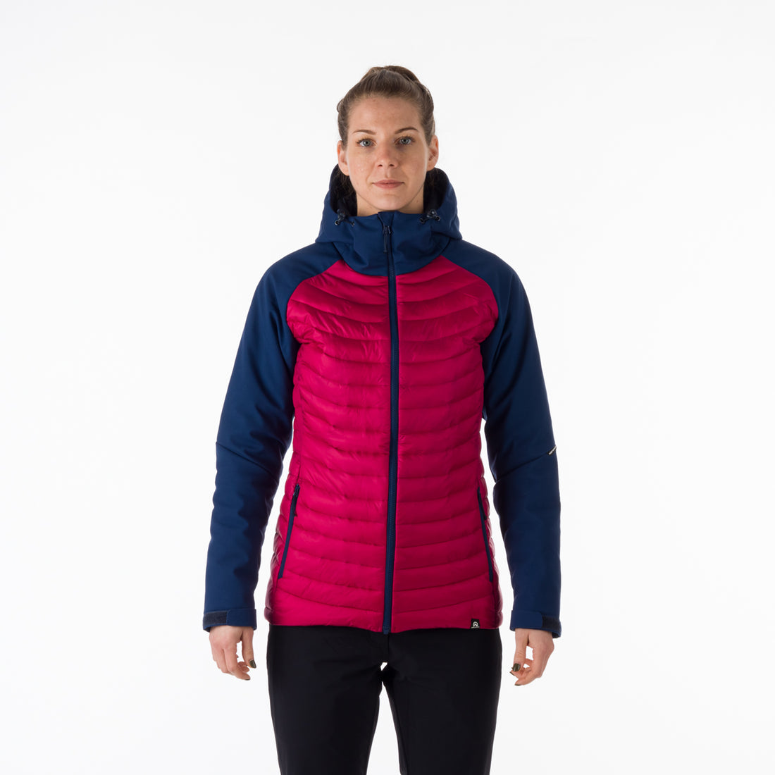 BU-6030OR women's outdoor hybrid like down jacket with softshell hood and sleeves ALISHA