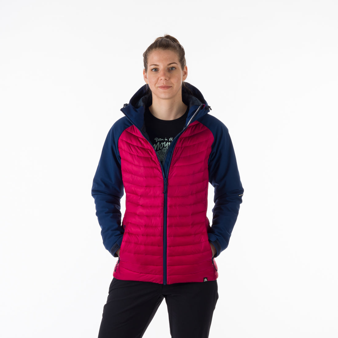 BU-6030OR women's outdoor hybrid like down jacket with softshell hood and sleeves ALISHA