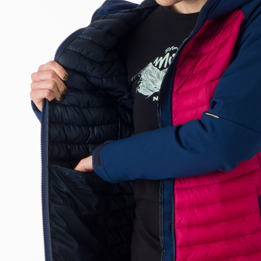 BU-6030OR women's outdoor hybrid like down jacket with softshell hood and sleeves ALISHA